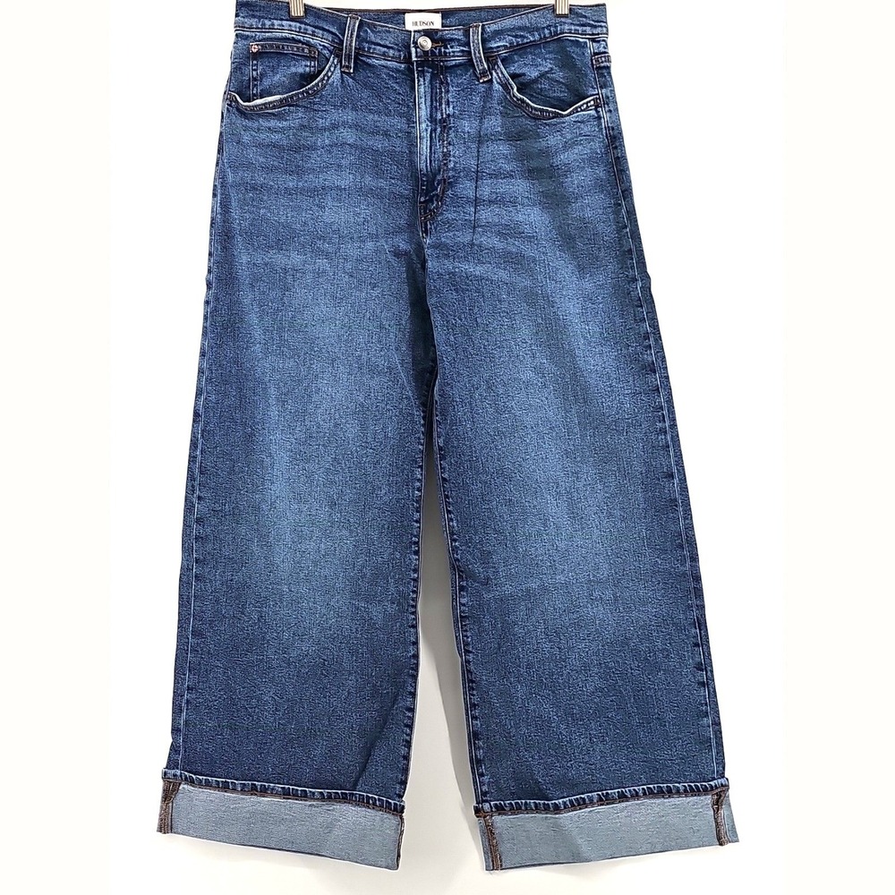 Hudson Womens Jolene High Rise Wide Leg Cuffed Jeans Blue Denim Size 31 NWT